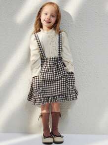 Blossori Young Girls' Elegant French Black & White Plaid Loose Bib Dress, Autumn/Winter
