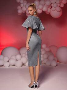 SHEIN Belle Elegant And Gorgeous Silver Glitter Elastic Powdered Woven Fabric Deep V-Neck Exaggerated Ruffle Sleeves Hip-Wrapped Back Slits Suitable For Evening Parties, Dating And Cocktail Dresses, Prom Semi Formal Dress, For Birthday, Wedding Guest, Graduation, Dinner, Homecoming - Silver - View 2