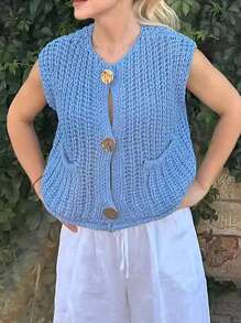 INAWLY Chaleco de punto casual de mujer con cuello en V, de una sola hilera de botones, bolsillos dobles y de metal para otoño/invierno