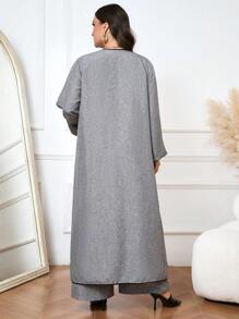 Modelyn 大码女式春秋季蝴蝶结装饰长袖夹克和裤子休闲两件套 - 灰色 - 查看 2