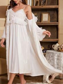 PalaceNights 2pcs/Set Ladies' Ruffle Strap Nightgown And Wrap-Around Wide Sleeve Robe Velvet Pajama Set, Palace Style