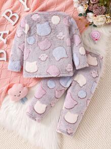 2 pièces Ensemble confortable de vêtements d'intérieur à manches longues pour bébé fille, avec motifs mignons de tête de chat et trace de patte de couleur lavande minimaliste - Parme - Voir 2