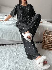 DAZY مجموعة بيجامات كاجوال مطبوعة بالفيونكة