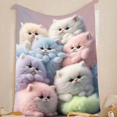 1条柔软亲肤的可爱猫咪图案毯子，不掉毛，易于打理，适合在办公室小憩，简约的家居纺织品，适用于沙发、卧室、客厅、办公室、旅行，四季皆宜，是理想的节日礼物，可机洗，数码印花。