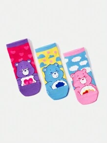 SHEIN X Care Bears 3 pares/Paquete de calcetines de tobillo para mujer con patrón de oso de dibujos animados y color contrastante, regalos