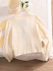SHEIN Privé Plus Size Women Apricot Open Front Bowknot Cable Knit Sweater - White - View 5