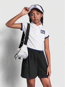 SHEIN Tween Girl Knitted Patchwork Number Print Polo Neck Short Sleeve T-Shirt - Blue and White - View 1
