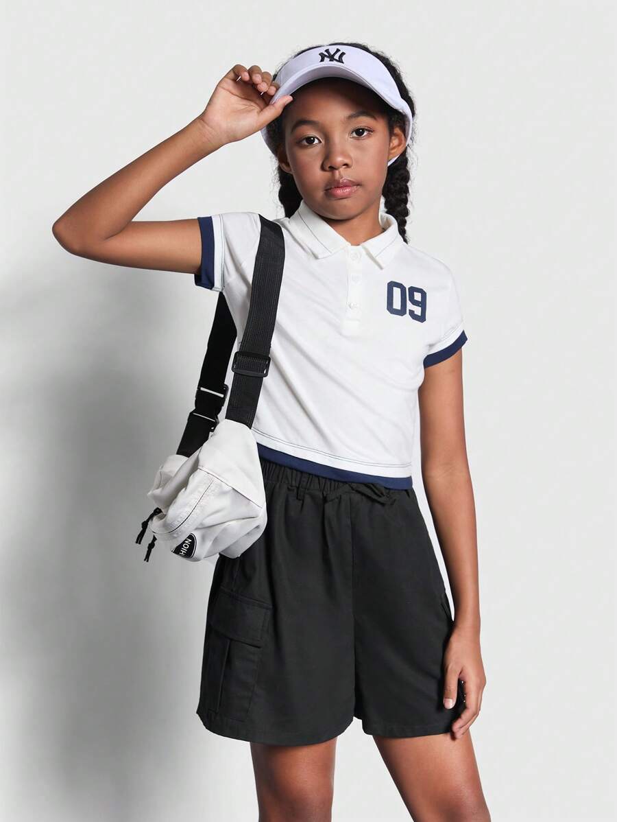 SHEIN Tween Girl Knitted Patchwork Number Print Polo Neck Short Sleeve T-Shirt - Blue and White - View 1