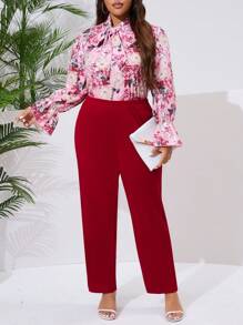2pcs Plus Size Elegant Floral Allover Print Tie Collar Blouse And Pants Set, Spring Fall - Burgundy - View 4