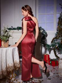 SHEIN Teen Girls Elegant One Shoulder Big Bow Long Dress For Wedding, Prom, Party, Halloween, Christmas, Easter And Other Occasions - Champagne - View 2