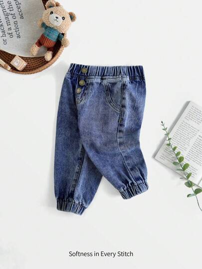 Cozy Pixies Quần Jeans Jogger Denim Xanh Dương Mềm Mại Dễ Thương Trang Trí Nút Đơn Giản Cho Bé Trai, Quần Áo Mặc Trong Nhà/Ngoài Trời Mùa Thu Cho Bé Trai