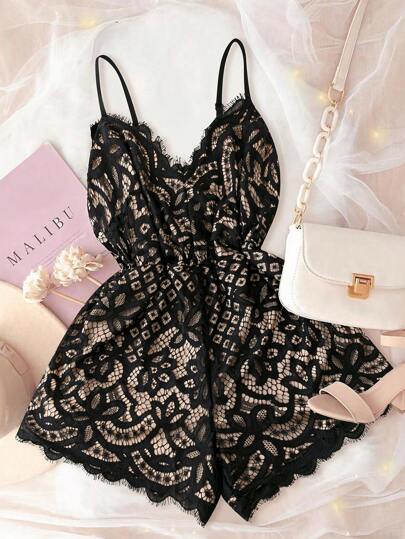 SHEIN Unity Plus Size All-Over Print Lace Panel Sexy Spaghetti Strap Sleeveless Jumpsuit