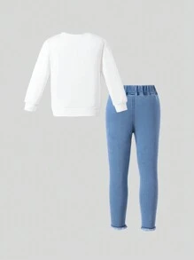 2 pezzi Set composto da felpa con stampa di lettere in stile casual Y2K e jeans in denim consumato per ragazze, autunno/inverno - Bianco - Visualizzare 2