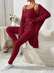 SHEIN Essnce 3pcs/Set Women's Loose Cardigan, Cami Top And Skinny Pants - Burgundy - View 1