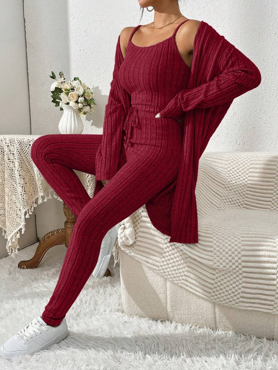 SHEIN Essnce 3pcs/Set Women's Loose Cardigan, Cami Top And Skinny Pants - Burgundy - View 1