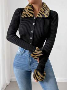 Chiquease Women's Long Sleeve Cardigan With Fluffy Collar & Zebra Pattern