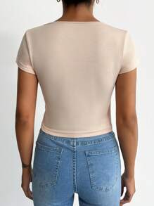 Cottnline Solid Scoop Neck Tee - Beige - View 2