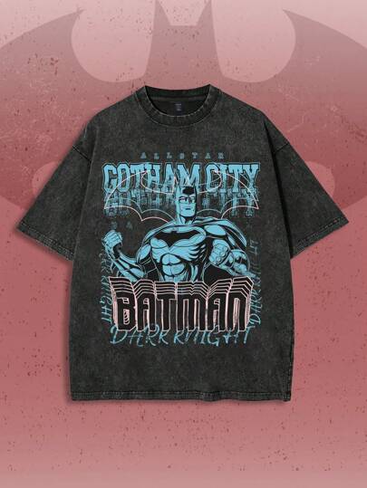 Batman X ROMWE Vintage Letter & Portrait Print Wash Short Sleeve T-Shirt