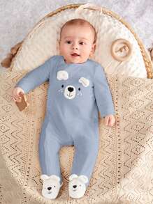 SHEIN 新生男婴可爱动物图案长袖连体衣 - 藍色 - 查看 1