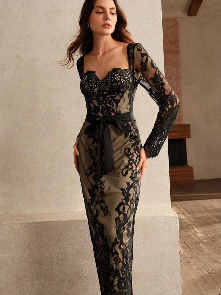 Elegant Lace Long Sleeve Bodycon Dress Maxi Embroidery Women Outfit