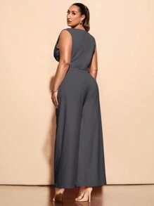 SHEIN BAE Conjunto de chaleco y pantalones de traje de una hilera de talla grande para mujer, con traje rosa y chaleco, conjunto de dos piezas, atuendos para maestras, ropa de negocios para mujeres - Gris Oscuro - Ver 2