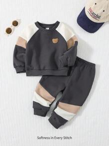Cozy Pixies 2pcs/Set Baby Boy Contrast Color Round Neck Raglan Sleeve Pullover Sweatshirt And Elastic Waist Pants Outfit