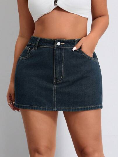 SHEIN ICON Plus Size Front Button Pocket Simple Denim Mini Skirt, Casual Everyday Wear