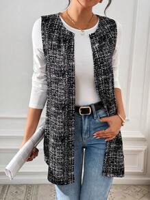 SHEIN Essnce 秋冬女士纽扣式无袖休闲日常开衫 - 黑色 - 查看 3