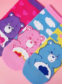 SHEIN X Care Bears 3 pares/Paquete de calcetines de tobillo para mujer con patrón de oso de dibujos animados y color contrastante, regalos