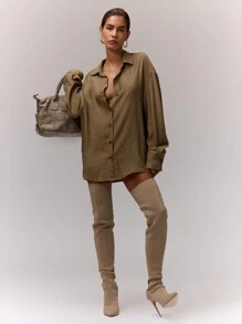 MUSERA Oversized Collared Button Up Blouse Vacation Spring Summer Holiday - Olive Green - View 1