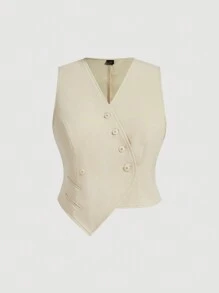 SHEIN MOD 大码女式复古休闲不对称下摆西装外套和裤子套装 - 卡其色 - 查看 7