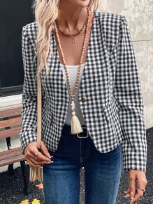EMERY ROSE 女式深 V 领纽扣长袖时尚格子夹克 - 黑與白 - 查看 1