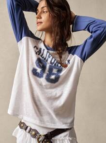 Bohemela Casual Contrast Color Raglan Sleeve Loose Sheer Fabric Letter Print T-Shirt For Women Homecoming Fall Winter Khaki First Day Of School Vacation BOHO