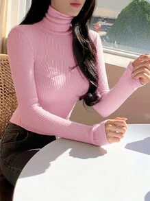 DAZY Women's Solid Color Turtleneck Long Sleeve Ribbed Slim Casual T-Shirt, Spring/Autumn,Fall Women Clothes - Pink - View 1