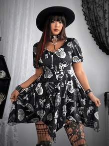 Whyspr Goth Punk Goth Punk Plus Size Gothic Punk V-Neck Irregularhem Dress, Dark Punk Organ Print, Suitable For Halloween Cosplay Goth Women Outfit