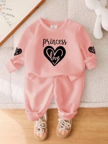 SHEIN 女婴简约休闲心形图案针织柔软套头衫和裤子套装，厚款，适合秋冬季 - 粉色 - 查看 5