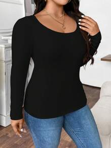 Elenzga Plus Size Casual Solid Color Slim Fit Long Sleeve T-Shirt, Spring&Autumn Fall Cloth For Women - Black - View 3