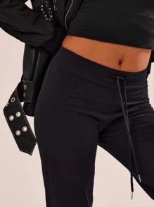 Musera Sport Low Waist Drawstring Straight Leg Yoga Pants, Padel, Tennis, Pickleball Gym Fitness Fall  Pilates Daily Casual - Black - View 5