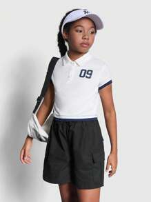 SHEIN Tween Girl Knitted Patchwork Number Print Polo Neck Short Sleeve T-Shirt - Blue and White - View 3
