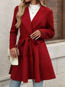 SHEIN Clasi Women's Solid Color Ruched Collar Puff Sleeve Elegant Regular Jacket For Autumn/Winter - Burgundy - View 2