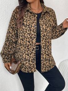 SHEIN Frenchy Plus Size Leopard Print Casual Utility Shacket Fall/Winter - Multicolor - View 1