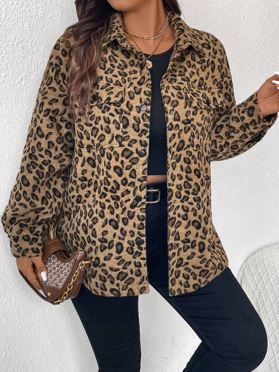 SHEIN Frenchy Plus Size Leopard Print Casual Utility Shacket Fall/Winter - Multicolor - View 1