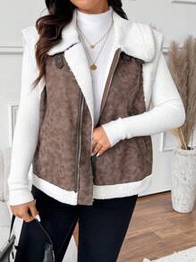 SHEIN Frenchy Plus Size Sleeveless Leather And Fur Lapel Jacket, Autumn/Winter