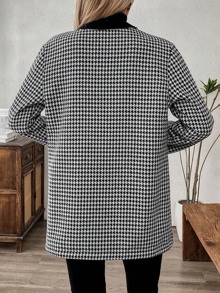 Women's Button Down Color Block Long Sleeve Fashionable Slim Fit Houndstooth Jacket