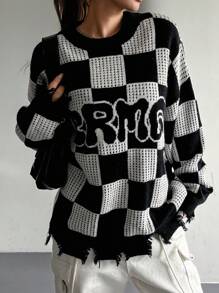 DAZY Suéter casual de mujer con bloqueo de color, estampado de letra de pata de gallo y efecto desgastado, a cuadros de otoño - Negro - Ver 2