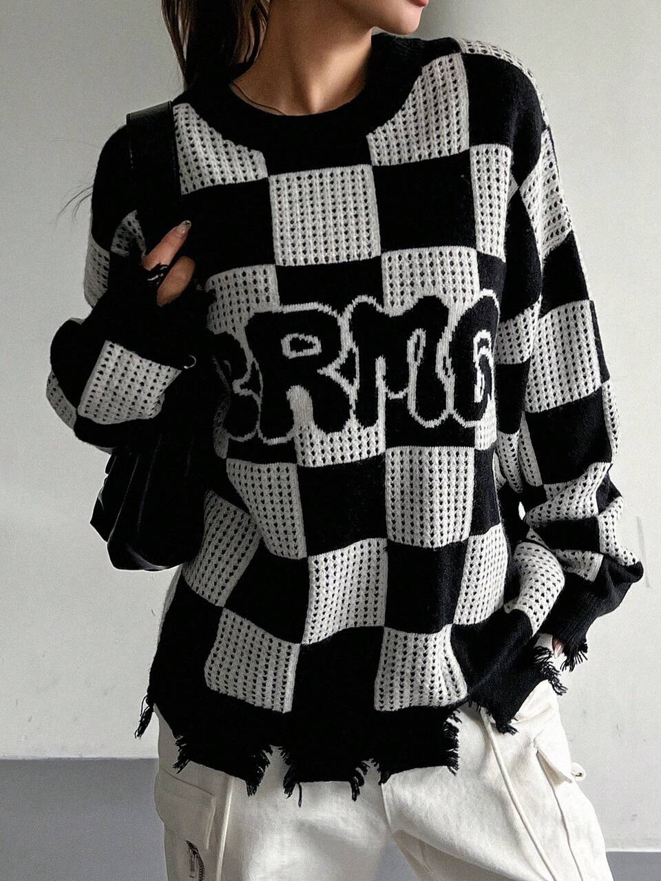 Women's Casual Colorblock Houndstooth Letter Print Distressed Sweater, Autumn Checkerboard Long Sleeve Tops