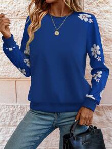 SHEIN LUNE Áo nỉ tay raglan họa tiết hoa cúc đơn giản màu xám, mùa thu - Xanh đậm - Xem 3