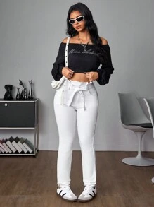 SHEIN Tall Women Casual Elastic Waist Tie Front Pocket Skinny Jeans