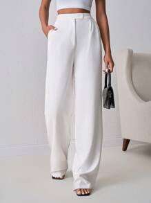 SHEIN Tall بنطلون مستقيم بخصر عالٍ ذو لون أحادي أنيق للنساء الطويلات مع تفاصيل الزر والسحّاب - أبيض - مشاهدة 5