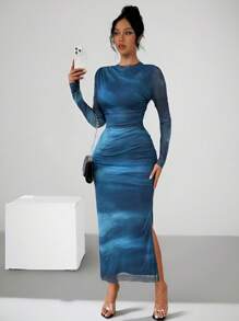 Rafferiza Women's Elegant Blue Tie Dye Ruched Elastic Waist Bodycon Dress, Autumn Maxi Women Outfit Fall Cloth For Women - Navy Blue - View 1